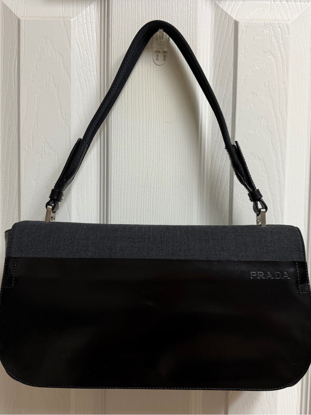 Prada Black Leather with Gray Fabric Top-Trim Shoulder Bag